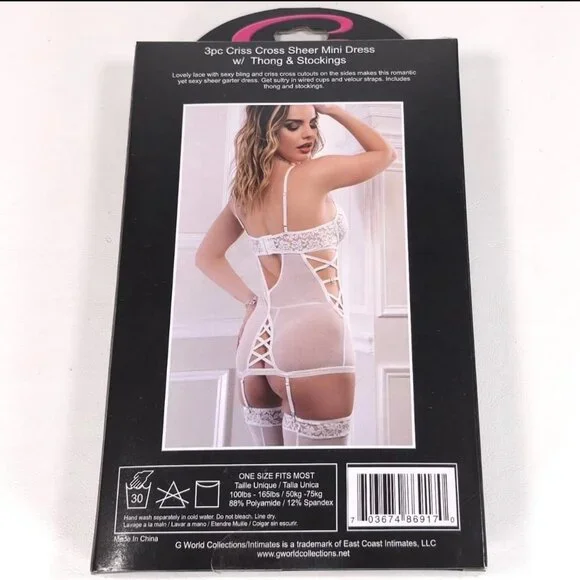 White Lace Bustier Lingerie Set G World Criss Cross Sheer One Size OH2405